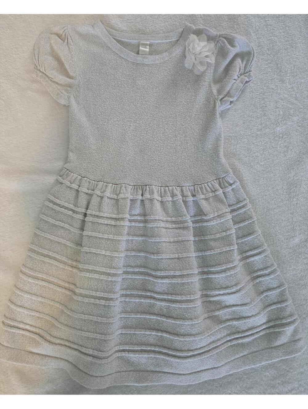 Cherokee Gray Textured Knit Dress with Puff Sleeves and Flower Detail - Toddler